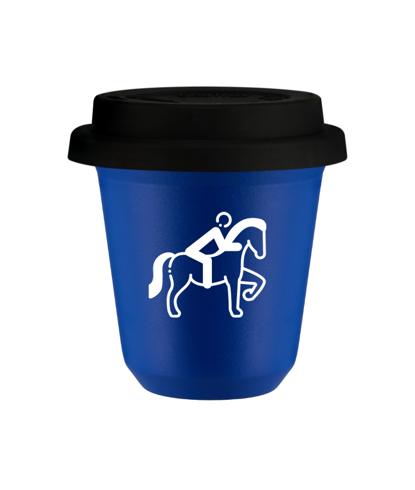 Tasse 80 ml BLEU "Équitation 2 (blanc)", avec couvercle noir Tasse 80 ml BLEU "Équitation 2 (blanc)", avec couvercle noir