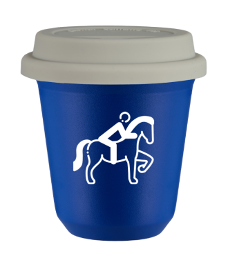 Tasse 80 ml BLEU "Équitation 2 (blanc)", avec couvercle blanc Tasse 80 ml BLEU "Équitation 2 (blanc)", avec couvercle blanc