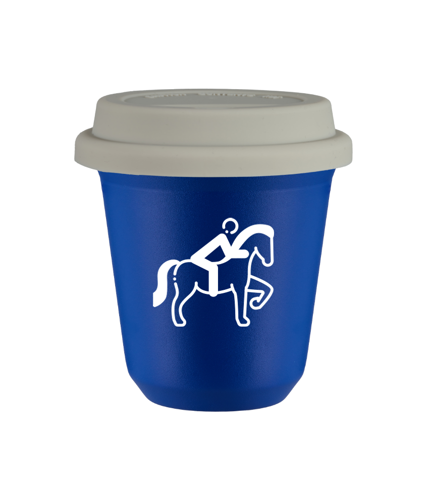 Tasse 80 ml BLEU "Équitation 2 (blanc)", avec couvercle blanc