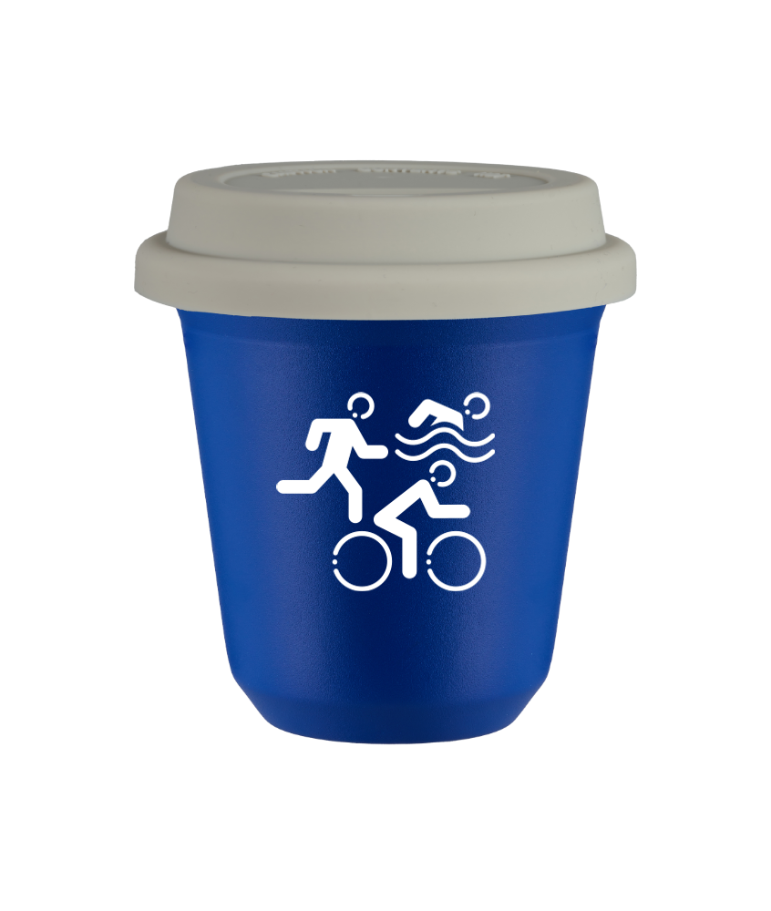 Tasse 80 ml BLEU "Sports (blanc)", avec couvercle blanc