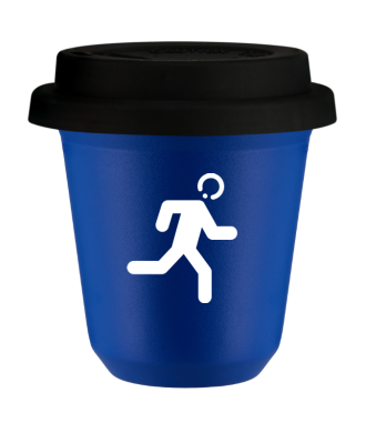 Tasse 80 ml BLEU "Coureur (blanc)", avec couvercle noir Tasse 80 ml BLEU "Coureur (blanc)", avec couvercle noir