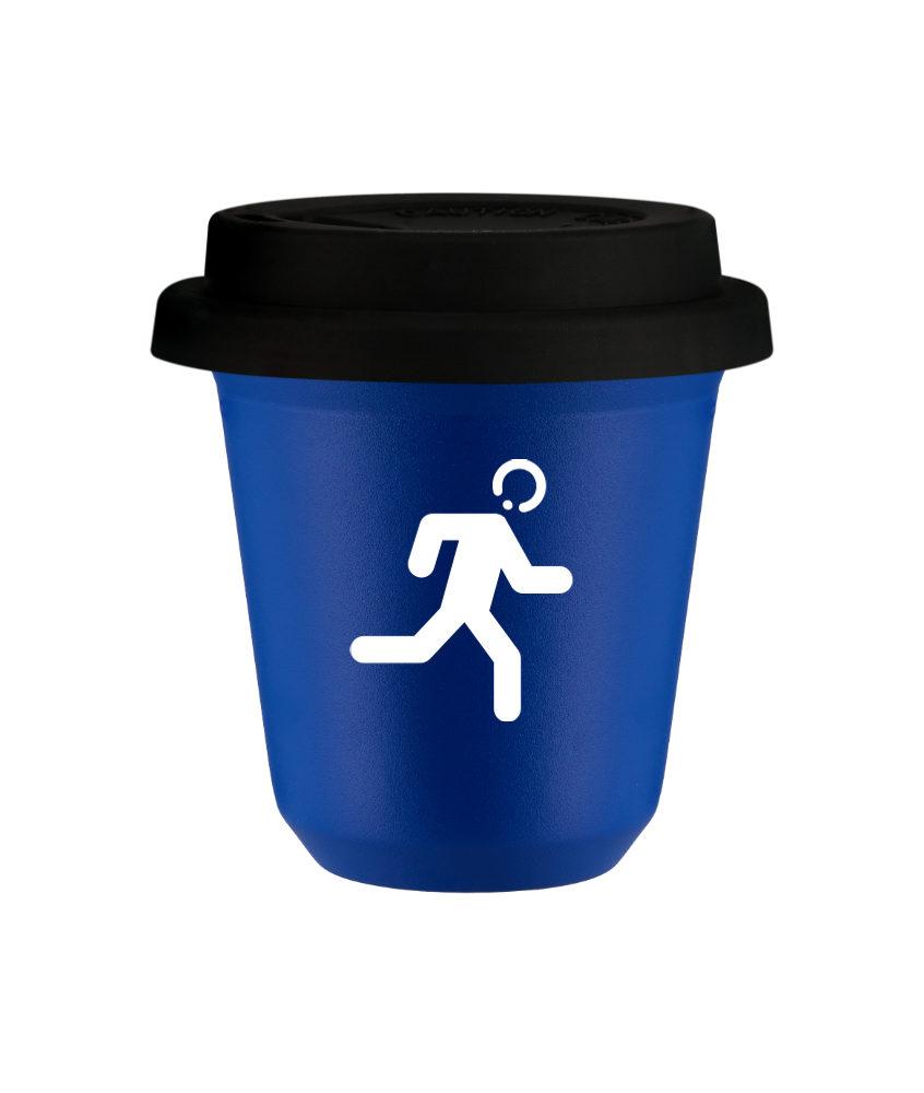 Tasse 80 ml BLEU "Coureur (blanc)", avec couvercle noir