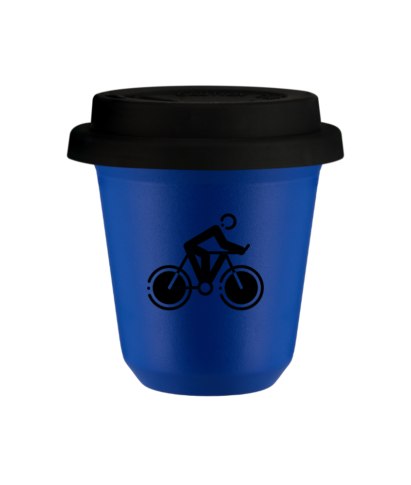 Tasse 80 ml BLEU "Cyclisme 2 (noir)", avec couvercle noir