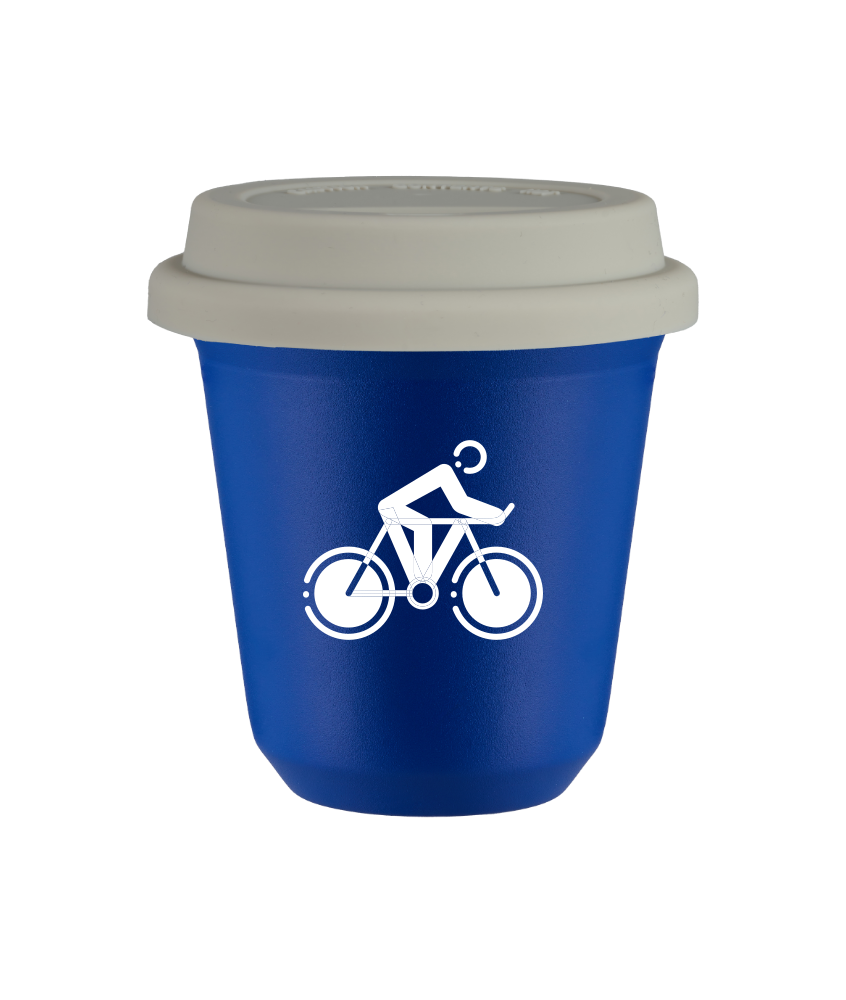 Tasse 80 ml BLEU "Cyclisme 2 (blanc)", avec couvercle blanc