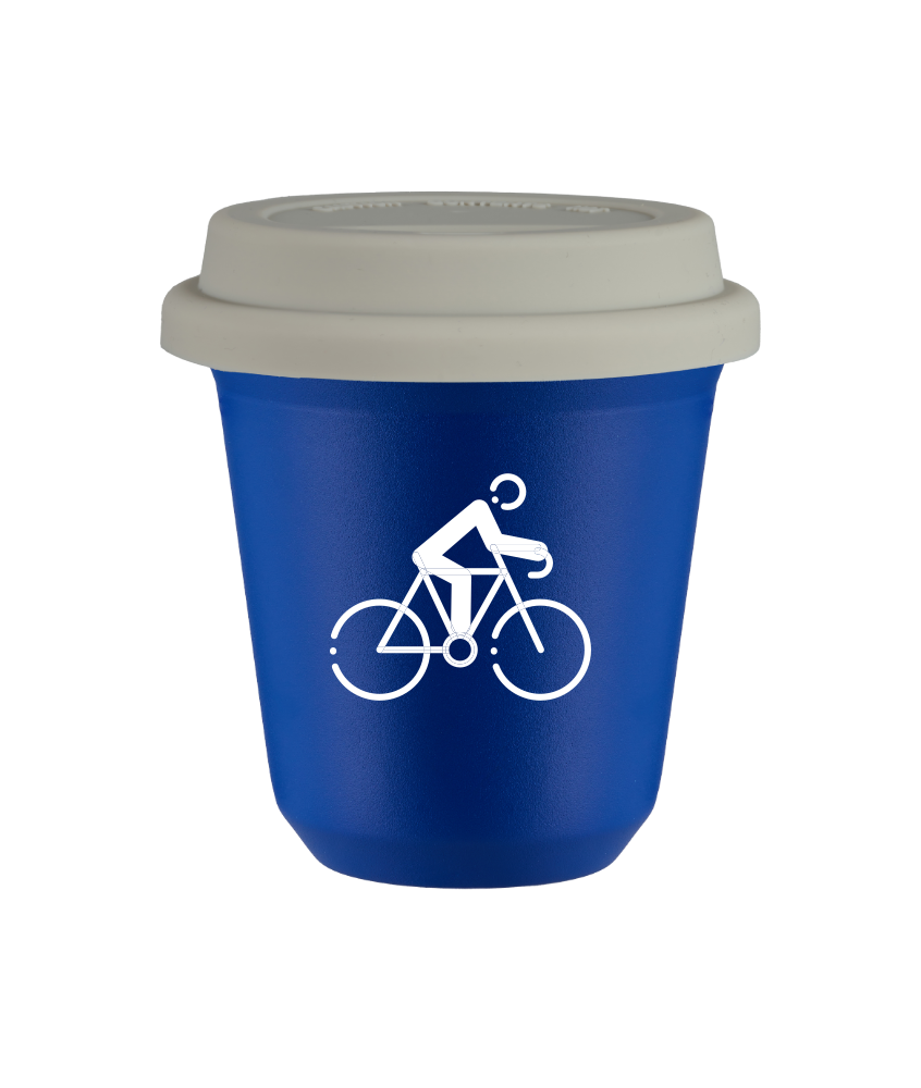 Tasse 80 ml BLEU "Cyclisme 3 (blanc)", avec couvercle blanc