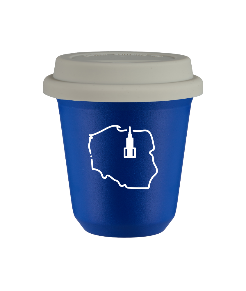 Tasse 80 ml BLEU "Pologne (blanc)", avec couvercle blanc
