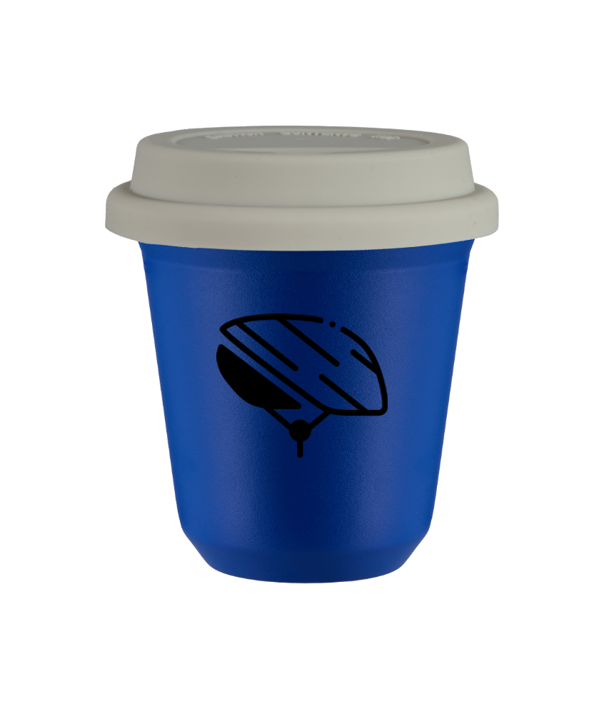 Tasse 80 ml BLEU "Casque", avec couvercle blanc