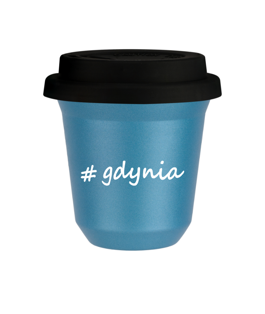 Tasse 150 ml BLEU CLAIR MÉTALLIQUE "Gdynia", avec couvercle noir Tasse 150 ml BLEU CLAIR MÉTALLIQUE "Gdynia", avec couvercle noir