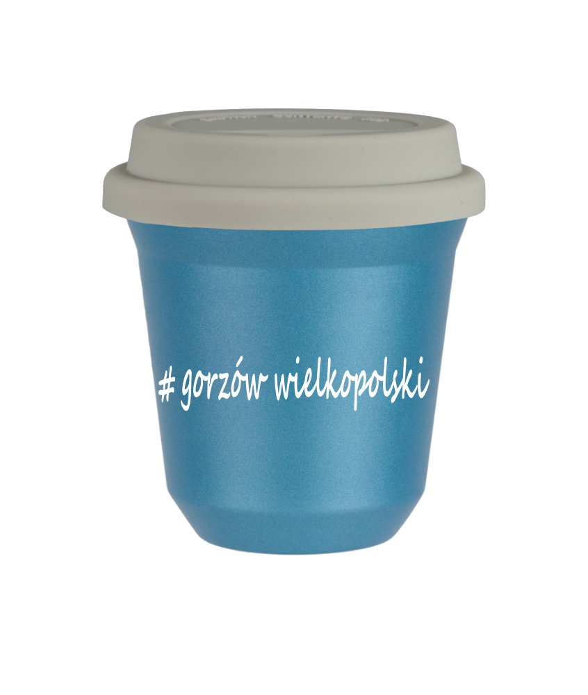 Tasse 240 ml BLEU CLAIR MÉTALLIQUE "Gorzów Wielkopolski", avec couvercle blanc