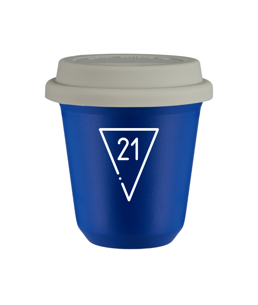 Tasse 80 ml BLEU "21 (blanc)", avec couvercle blanc