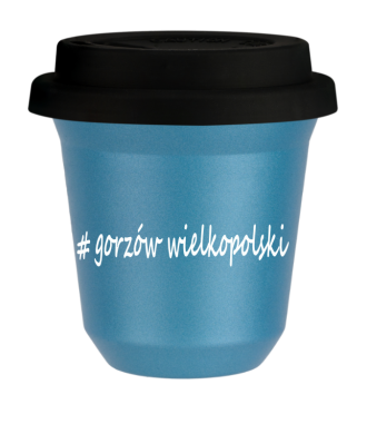 Tasse 150 ml BLEU CLAIR MÉTALLIQUE "Gorzów Wielkopolski", avec couvercle noir Tasse 150 ml BLEU CLAIR MÉTALLIQUE "Gorzów Wielkopolski", avec couvercle noir