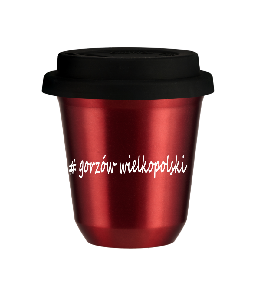 Tasse 80 ml ROUGE MÉTALLIQUE "Gorzów Wielkopolski", avec couvercle noir