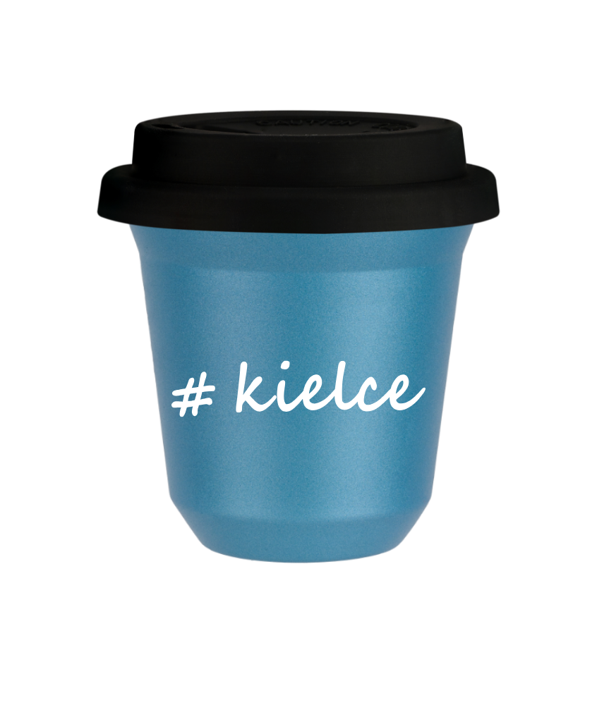 Tasse 240 ml BLEU CLAIR MÉTALLIQUE "Kielce", avec couvercle noir