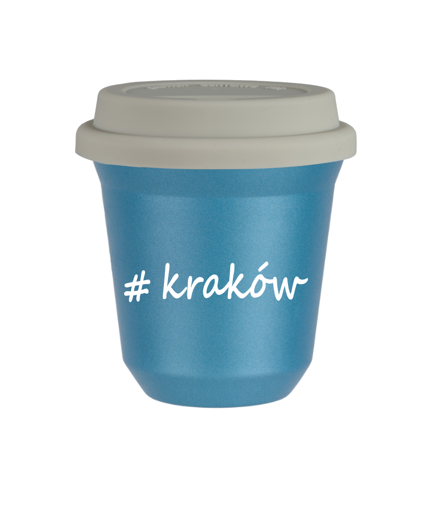 Tasse 240 ml BLEU CLAIR MÉTALLIQUE "Kraków", avec couvercle blanc