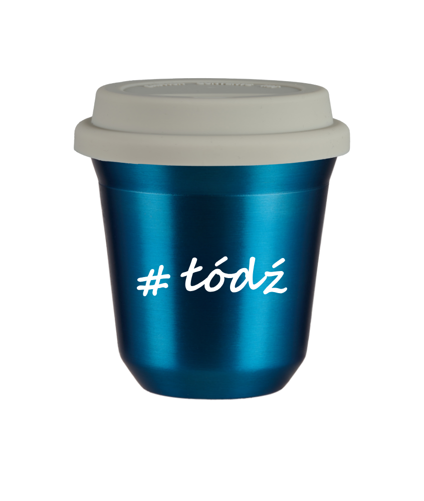 Tasse 150 ml BLEU MÉTALLIQUE "Łódź", avec couvercle blanc Tasse 150 ml BLEU MÉTALLIQUE "Łódź", avec couvercle blanc