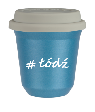 Tasse 150 ml BLEU CLAIR MÉTALLIQUE "Łódź", avec couvercle blanc Tasse 150 ml BLEU CLAIR MÉTALLIQUE "Łódź", avec couvercle blanc