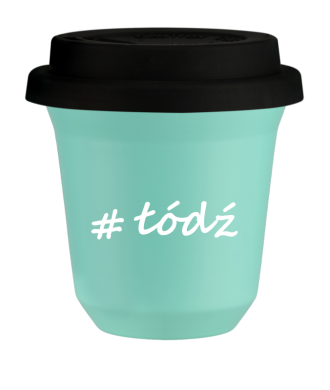 Tasse 150 ml TURQUOISE "Łódź", avec couvercle noir Tasse 150 ml TURQUOISE "Łódź", avec couvercle noir