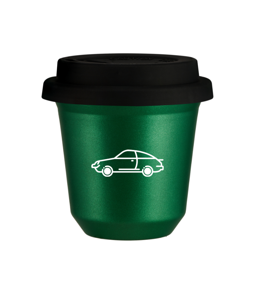 Tasse 80 ml VERT MÉTALLIQUE "Voiture (blanc)", avec couvercle noir