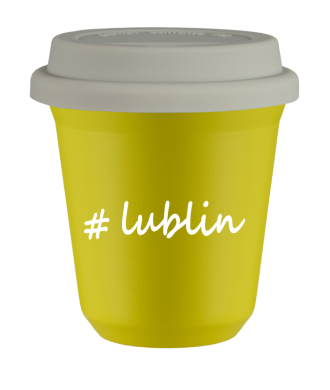 Tasse 150 ml JAUNE "Lublin", avec couvercle blanc Tasse 150 ml JAUNE "Lublin", avec couvercle blanc