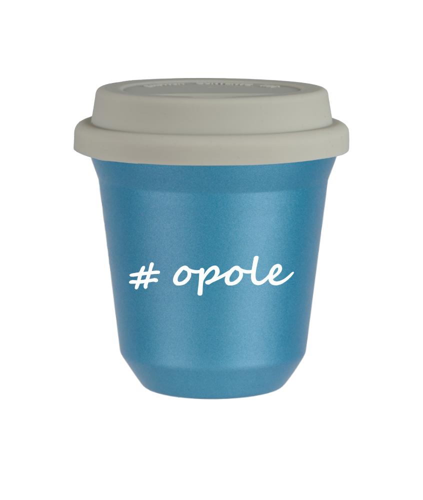 Tasse 240 ml BLEU CLAIR MÉTALLIQUE "Opole", avec couvercle blanc Tasse 240 ml BLEU CLAIR MÉTALLIQUE "Opole", avec couvercle blanc