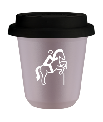 Tasse 80 ml LAVANDE "Équitation 1 (blanc)", avec couvercle noir Tasse 80 ml LAVANDE "Équitation 1 (blanc)", avec couvercle noir