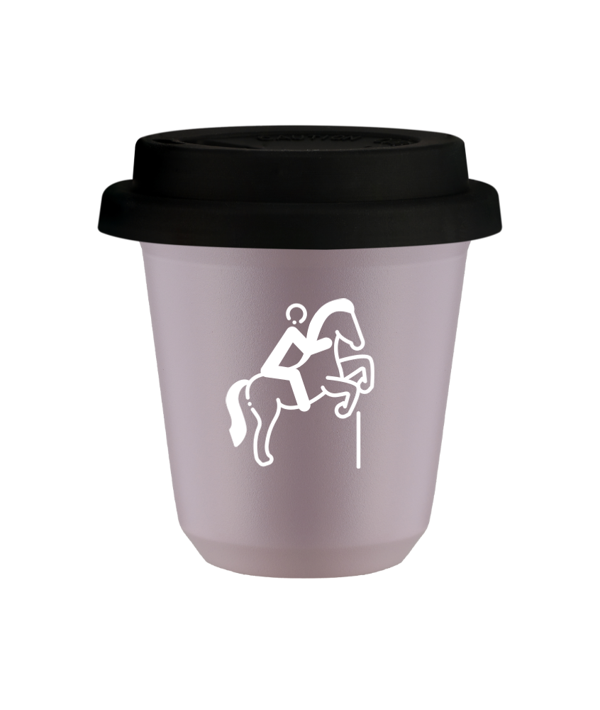 Tasse 80 ml LAVANDE "Équitation 1 (blanc)", avec couvercle noir