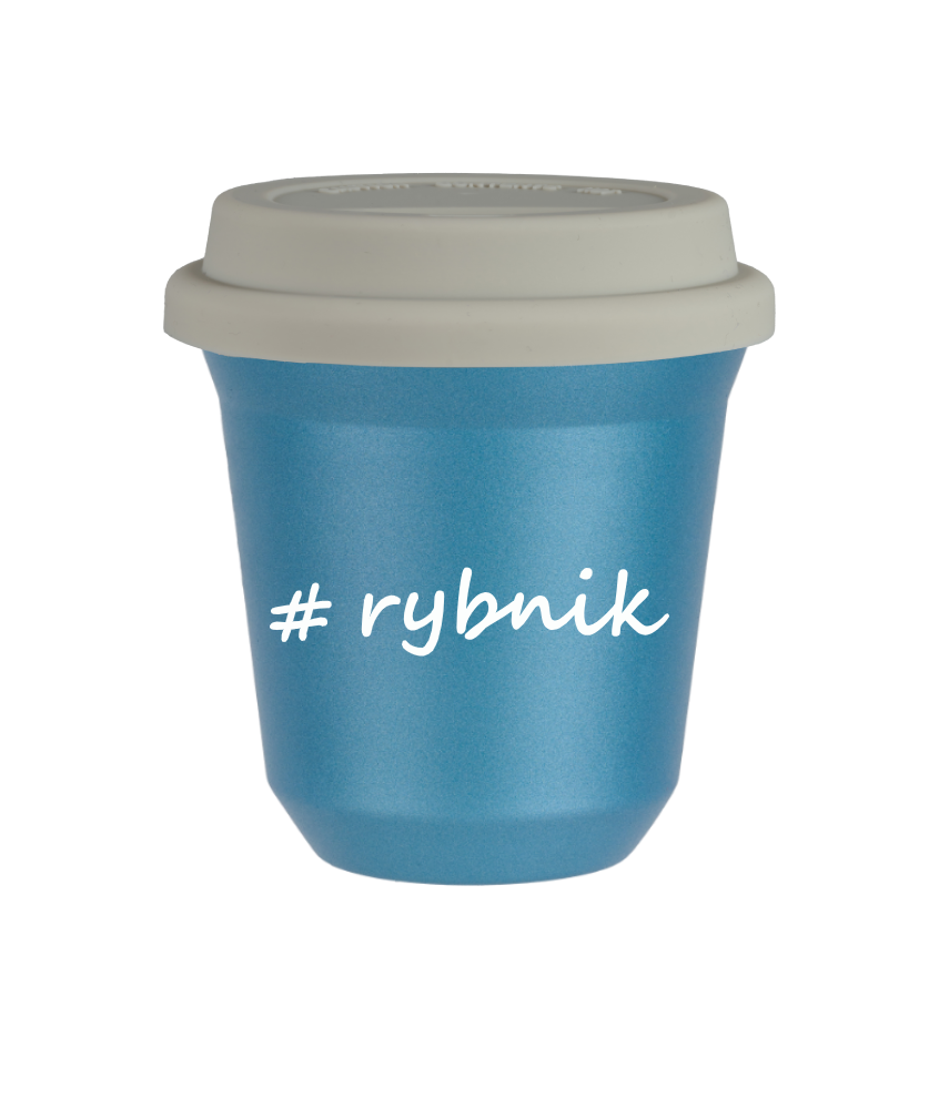 Tasse 240 ml BLEU CLAIR MÉTALLIQUE "Rybnik", avec couvercle blanc