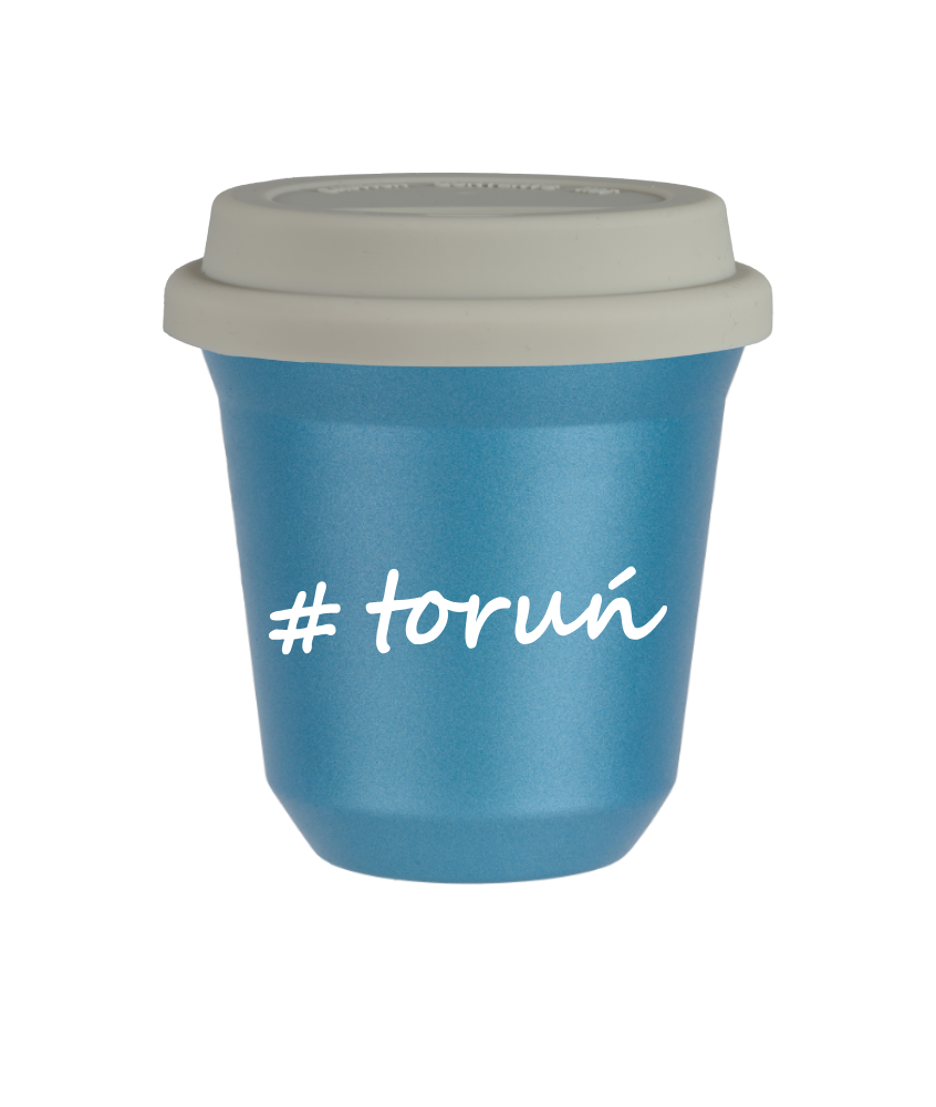 Tasse 150 ml BLEU CLAIR MÉTALLIQUE "Toruń", avec couvercle blanc