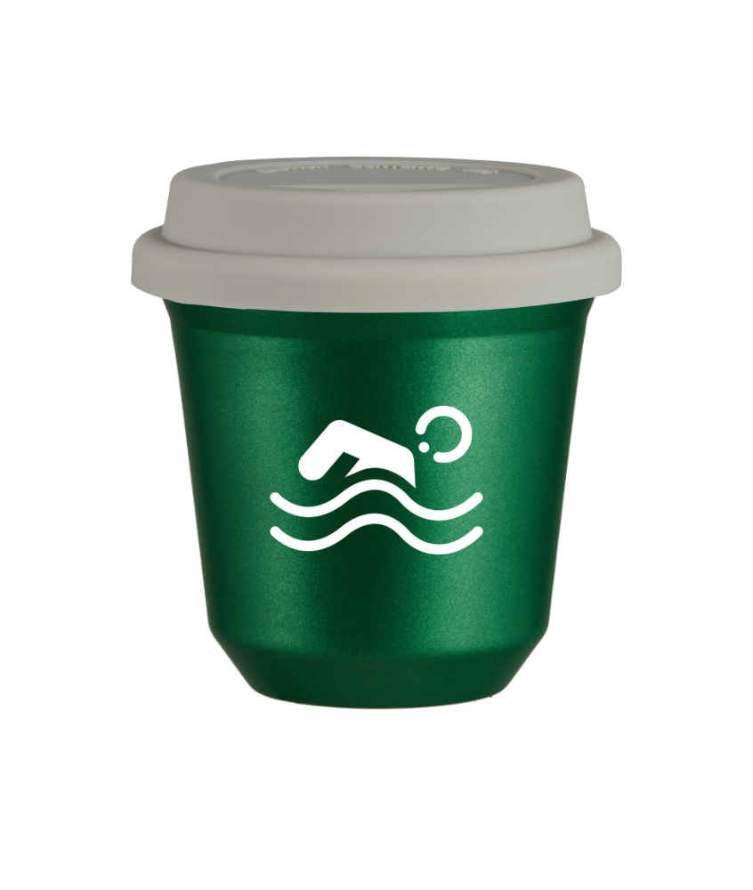Tasse 80 ml VERT MÉTALLIQUE "Natation (blanc)", avec couvercle blanc