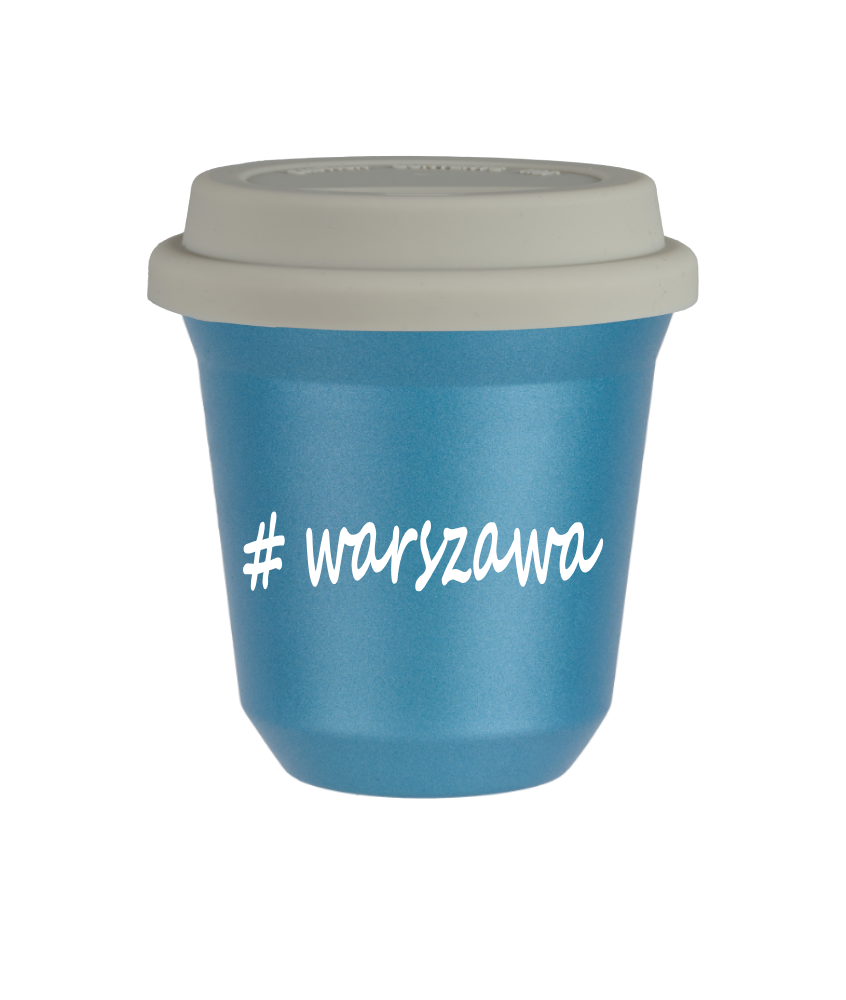Tasse 240 ml BLEU CLAIR MÉTALLIQUE "Warszawa", avec couvercle blanc