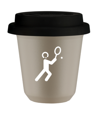 Tasse 80 ml BEIGE "Tennis 1 (blanc)", avec couvercle noir Tasse 80 ml BEIGE "Tennis 1 (blanc)", avec couvercle noir