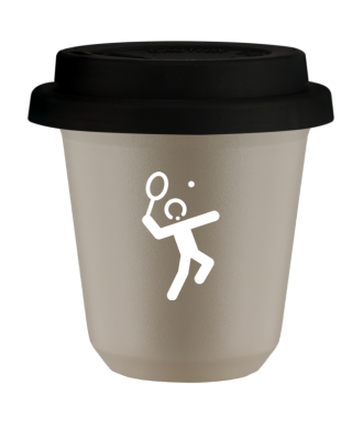 Tasse 80 ml BEIGE "Tennis 2 (blanc)", avec couvercle noir Tasse 80 ml BEIGE "Tennis 2 (blanc)", avec couvercle noir