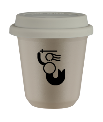 Tasse 80 ml BEIGE "WARSZAWSKA SYRENKA (noir)", avec couvercle blanc Tasse 80 ml BEIGE "WARSZAWSKA SYRENKA (noir)", avec couvercle blanc
