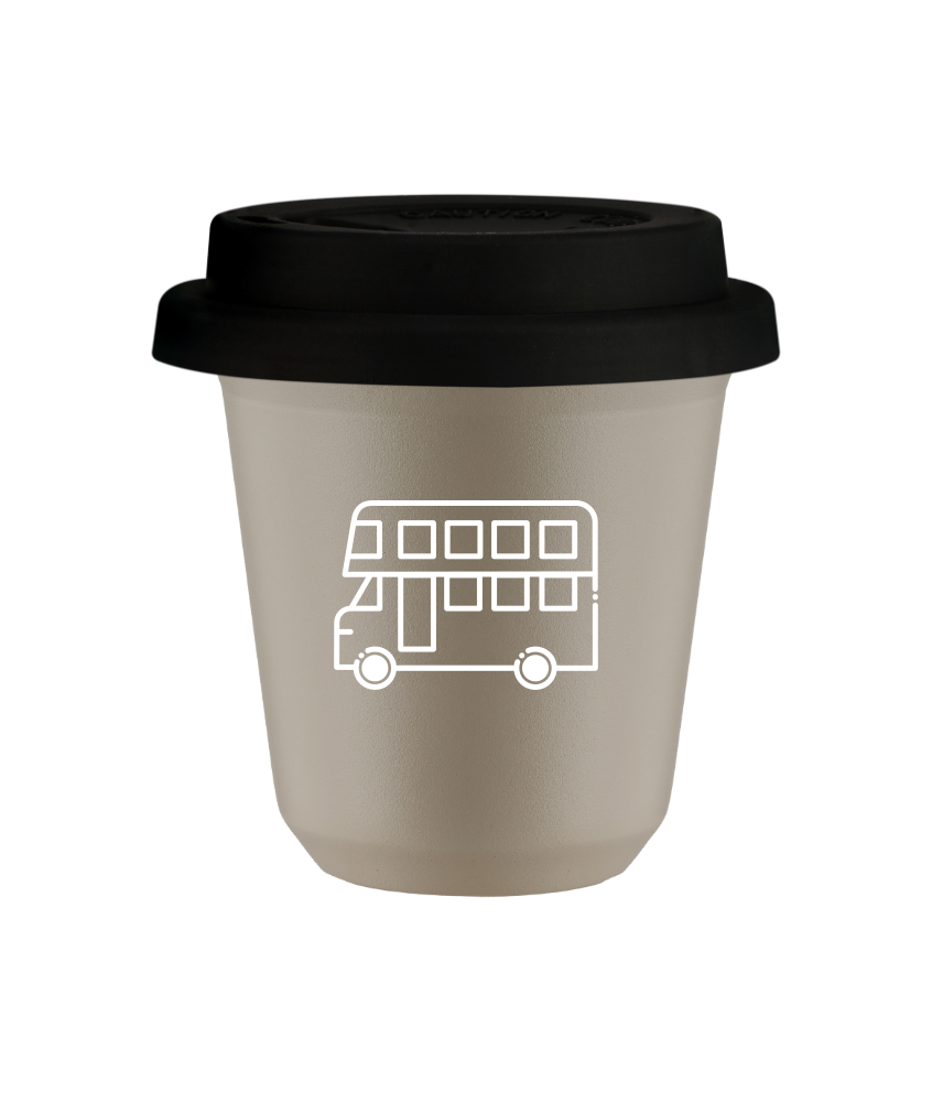 Tasse 80 ml BEIGE "Bus (blanc)", avec couvercle noir