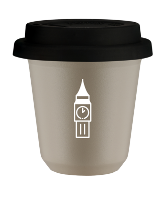 Tasse 80 ml BEIGE "BIG BEN (blanc)", avec couvercle noir Tasse 80 ml BEIGE "BIG BEN (blanc)", avec couvercle noir