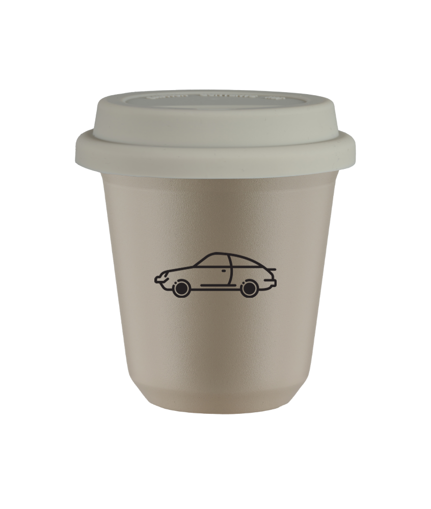 Tasse 80 ml BEIGE "Voiture", avec couvercle blanc