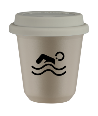 Tasse 80 ml BEIGE "Natation (noir)", avec couvercle blanc Tasse 80 ml BEIGE "Natation (noir)", avec couvercle blanc