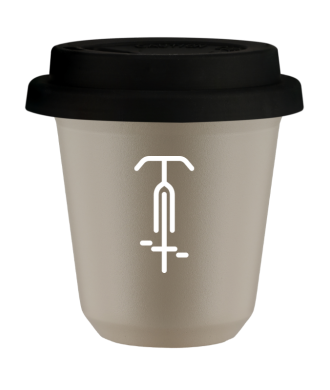 Tasse 80 ml BEIGE "Cyclisme 1 (blanc)", avec couvercle noir Tasse 80 ml BEIGE "Cyclisme 1 (blanc)", avec couvercle noir