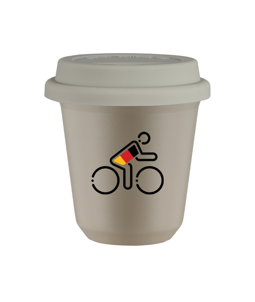 Tasse 80 ml BEIGE "Cycliste aux couleurs allemandes (noir)", avec couvercle blanc