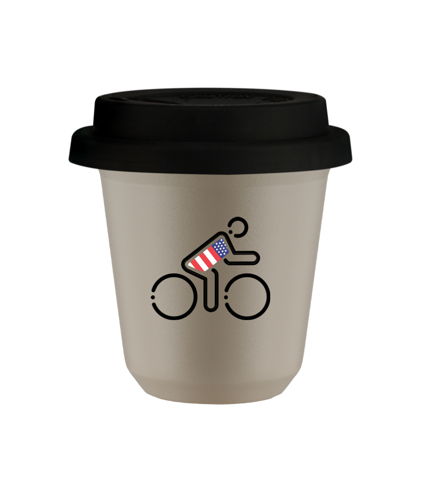 Tasse 80 ml BEIGE "Cycliste aux couleurs britanniques", avec couvercle noir