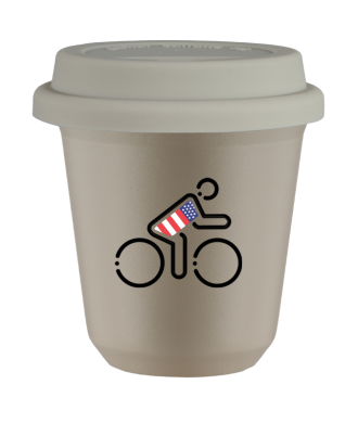 Tasse 80 ml BEIGE "Cycliste aux couleurs britanniques", avec couvercle blanc Tasse 80 ml BEIGE "Cycliste aux couleurs britanniques", avec couvercle blanc