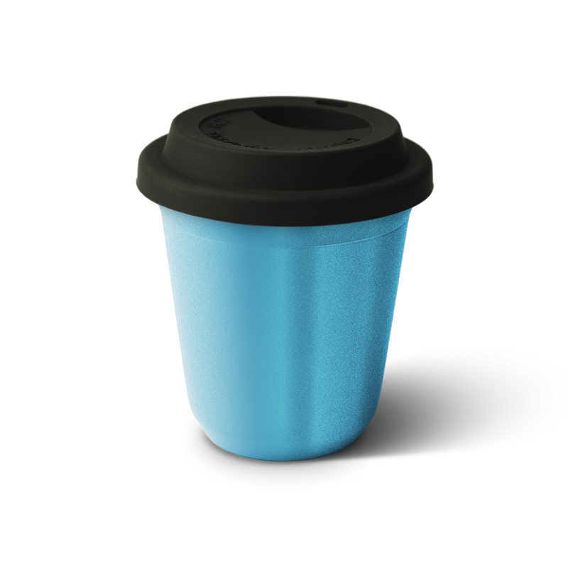 Tasse 240 ml BLEU CLAIR MÉTALLIQUE, avec couvercle noir
