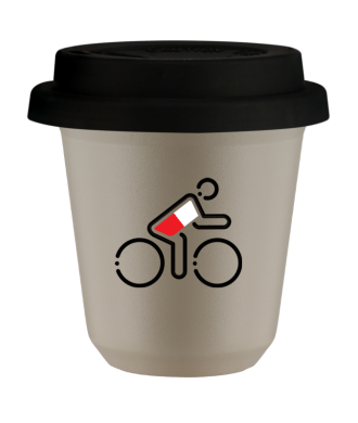 Tasse 80 ml BEIGE "Cycliste aux couleurs polonaises", avec couvercle noir Tasse 80 ml BEIGE "Cycliste aux couleurs polonaises", avec couvercle noir