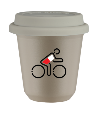 Tasse 80 ml BEIGE "Cycliste aux couleurs polonaises", avec couvercle blanc Tasse 80 ml BEIGE "Cycliste aux couleurs polonaises", avec couvercle blanc
