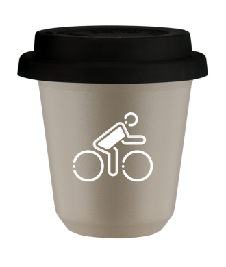 Tasse 80 ml BEIGE "Cycliste aux couleurs polonaises (blanc)", avec couvercle noir Tasse 80 ml BEIGE "Cycliste aux couleurs polonaises (blanc)", avec couvercle noir