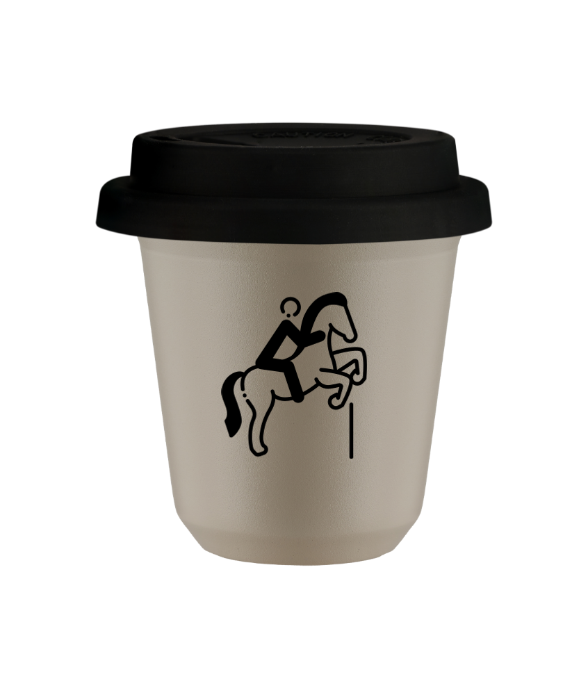 Tasse 80 ml BEIGE "Équitation 1 (noir)", avec couvercle noir