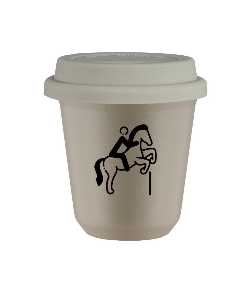 Tasse 80 ml BEIGE "Équitation 1 (noir)", avec couvercle blanc