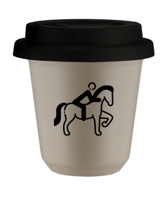 Tasse 80 ml BEIGE "Équitation 2", avec couvercle noir Tasse 80 ml BEIGE "Équitation 2", avec couvercle noir