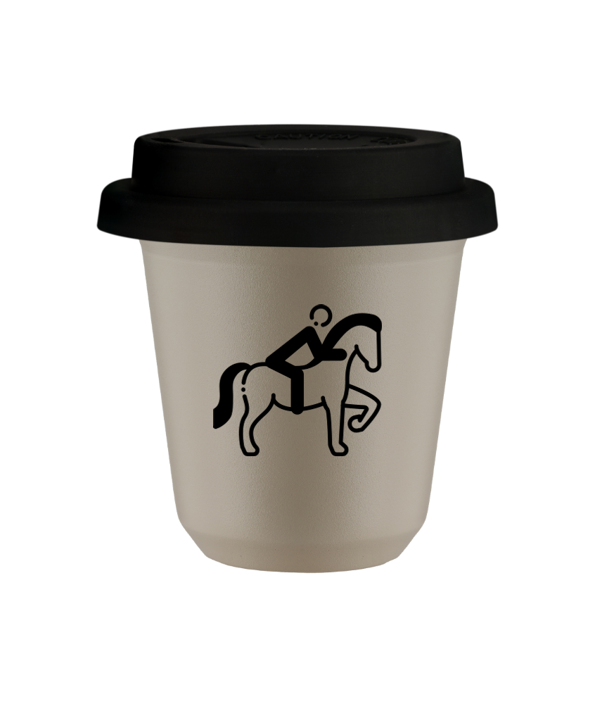 Tasse 80 ml BEIGE "Équitation 2", avec couvercle noir