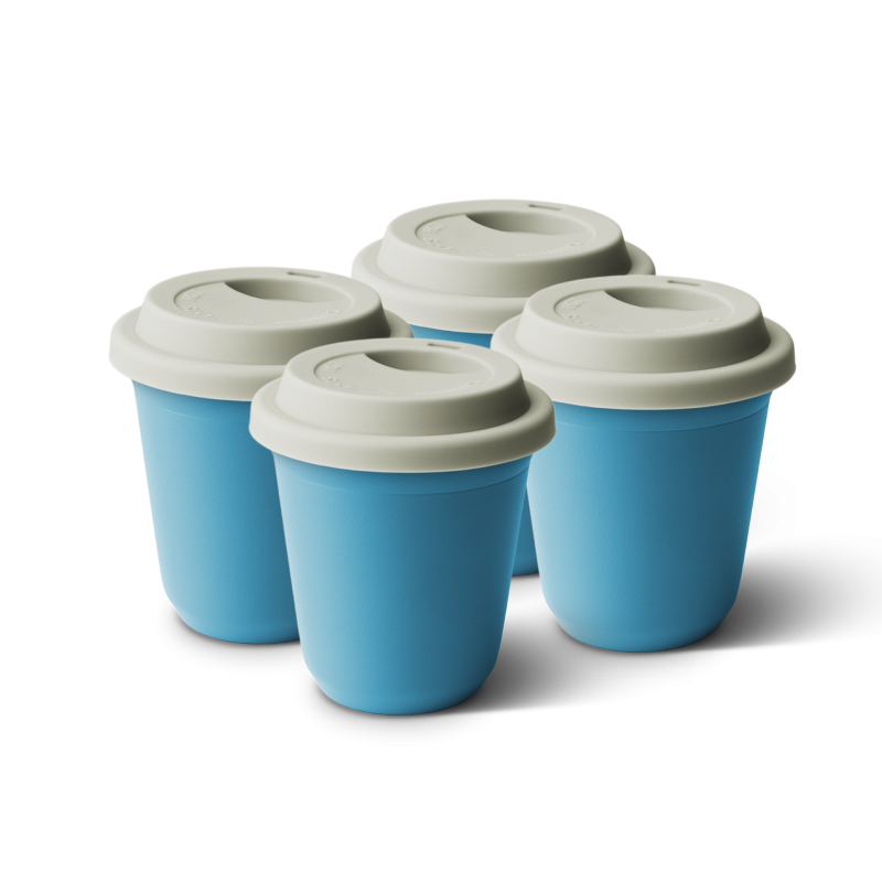Lot de 4 tasses 240 ml BLEU, avec couvercle blanc